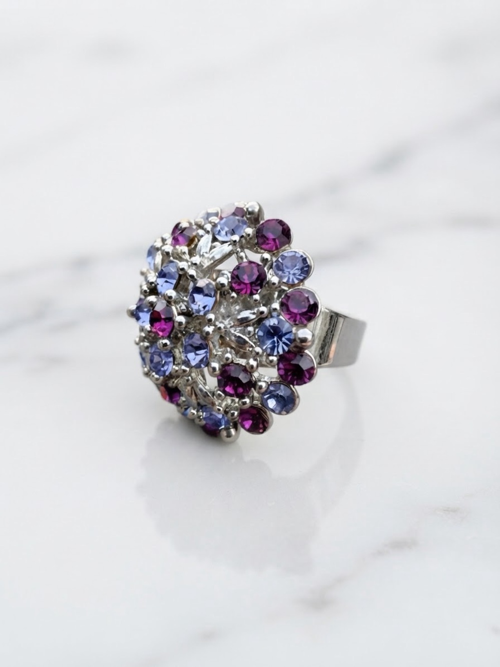 Sparkling Purple and Light Blue Crystal Cluster Statement Ring - Adjustable